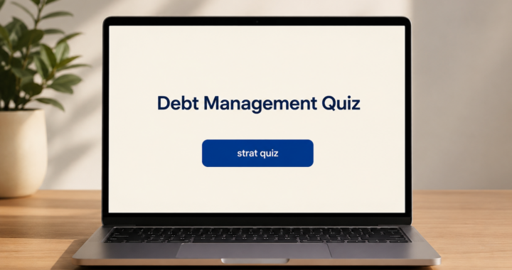 A laptop showing a debt management quiz
